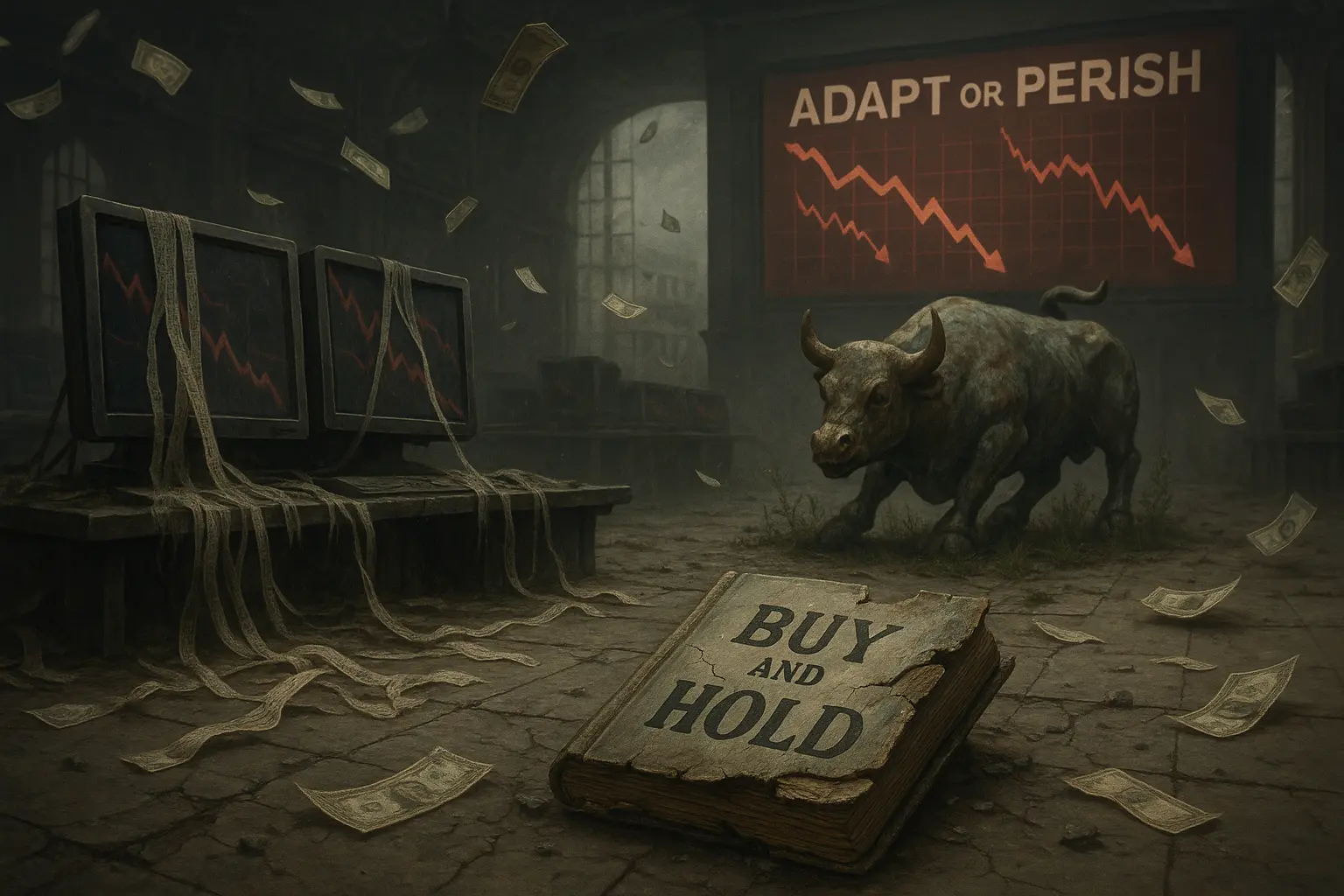 A tattered "Buy and Hold" investment book lies on the cracked floor of an abandoned stock exchange. Broken monitors display plummeting stock charts, and faded ticker tape hangs loosely. A corroded, one-horned Wall Street bull statue stands in the background, surrounded by weeds breaking through the concrete. Above, a modern billboard flashes “Adapt or Perish” with red downward graphs. The sky is gray and overcast, with paper money drifting through the air, evoking a sense of financial decay and obsolescence.