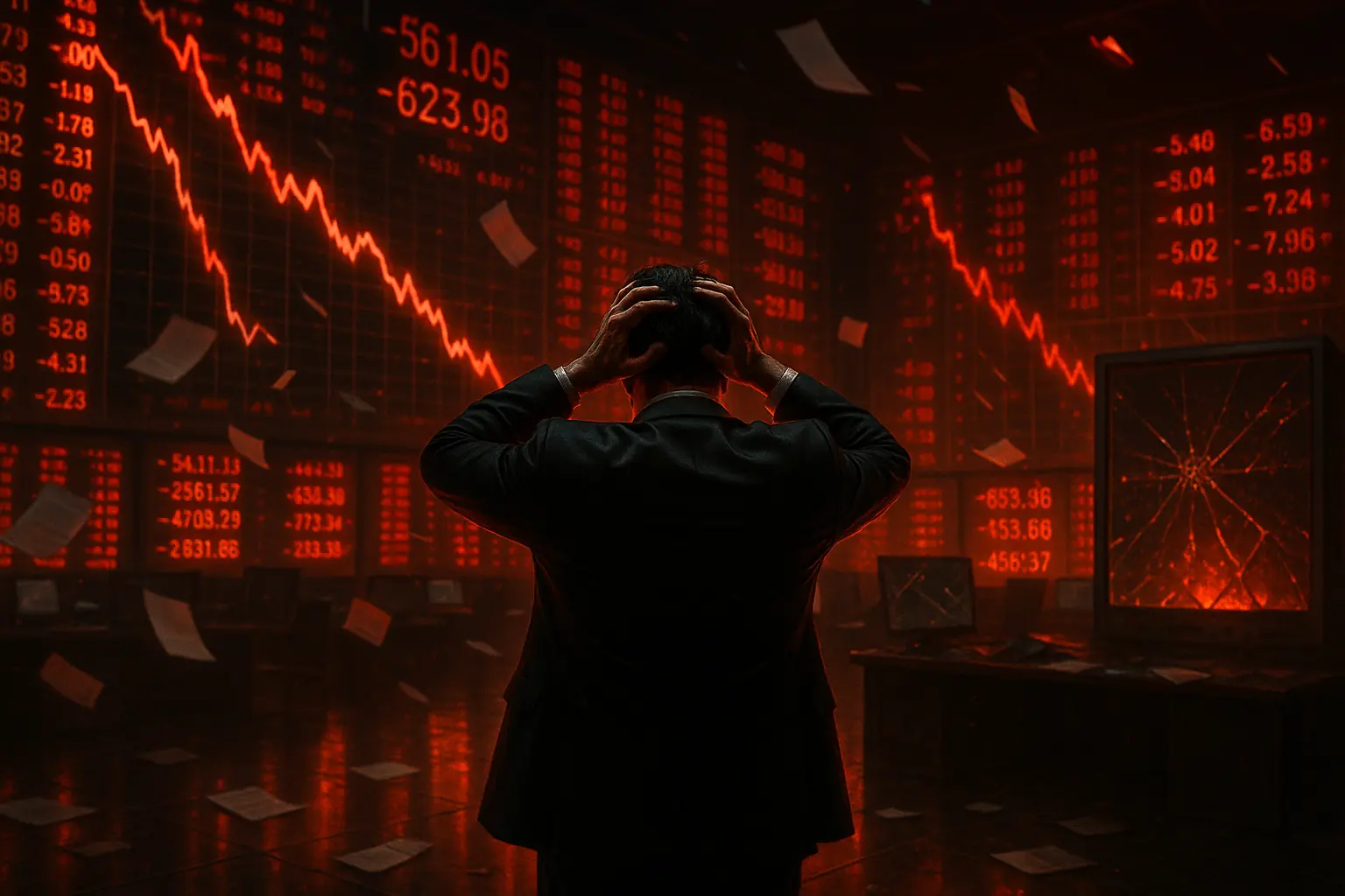 Man facing away during stock market crash with red graphs and chaos.