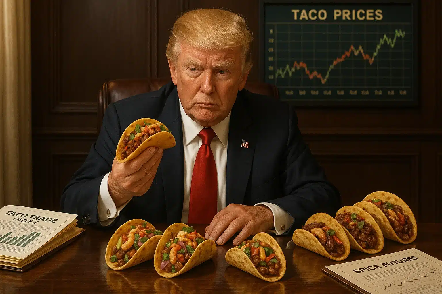 Donald Trump analyzing a gourmet taco at a business table surrounded by taco trade charts and financial documents in a semi-realistic setting.