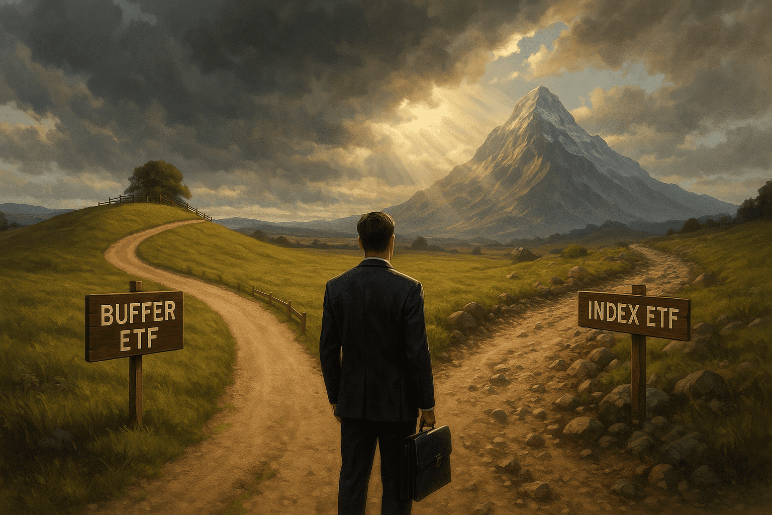 Инвеститор на кръстопът между „Buffer ETF“ – лесен, но ограничен път и „Index ETF“ – труден, но с потенциал за растеж, под разкъсващи се облаци.