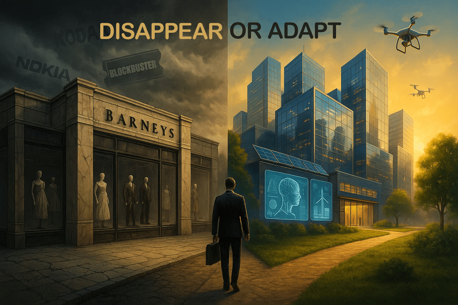 An investor stands at a crossroads between a crumbling luxury store and a thriving modern tech hub.