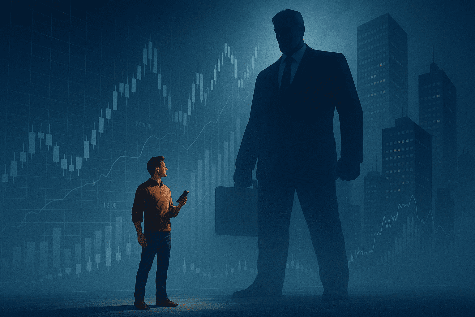 A symbolic illustration of a small retail investor with a laptop facing a giant shadowy institutional figure, representing the battle between individual investors and big financial institutions.