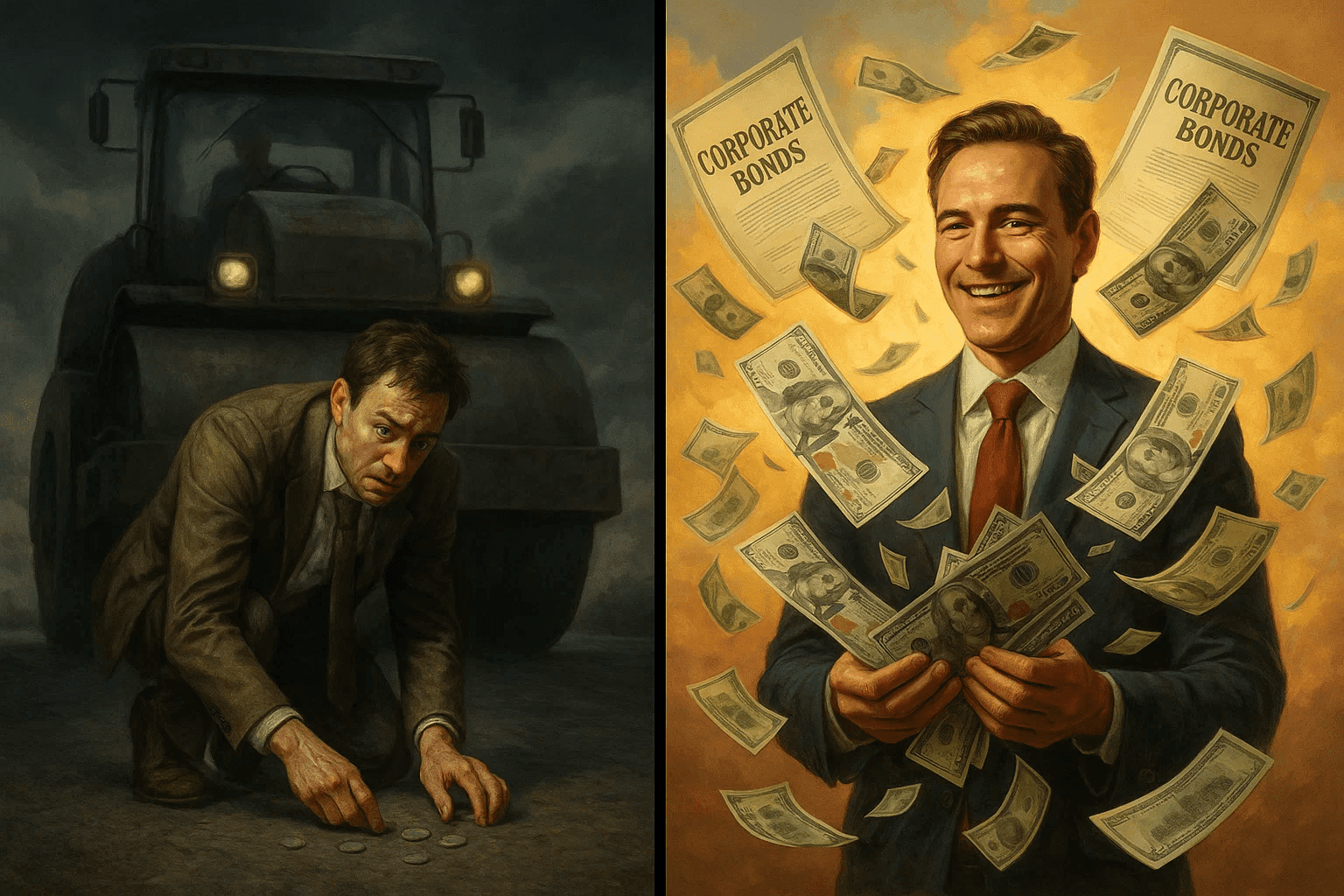 Two investors contrasted — one near a steamroller grabbing nickels, the other safely collecting $100 bills from corporate bonds.