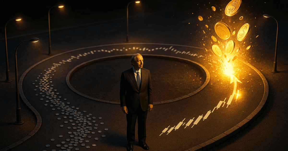 Image of a circular road in the form of a stock chart, where small silver coins fall along the route, and at the end a golden exit explodes with huge coins, Ray Dalio stands in the center - a symbol of circular investing and patience for big profits