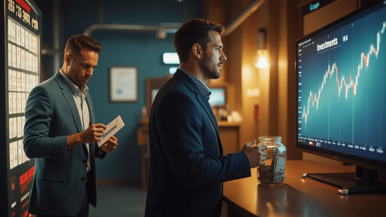 Photorealistic image: on the left, a man holds a lottery ticket in front of a lottery kiosk, looking thoughtful in a dark, moody atmosphere; on the right, the same man in a bright setting puts money into a jar labeled “Investments” or looks at a rising stock market chart, symbolizing security and long-term growth.