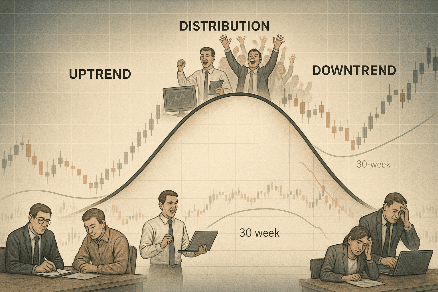 “Illustration of Stan Weinstein’s four stages of the stock market cycle, showing accumulation, uptrend, distribution, and downtrend with investors’ behavior and a price chart in the background.”