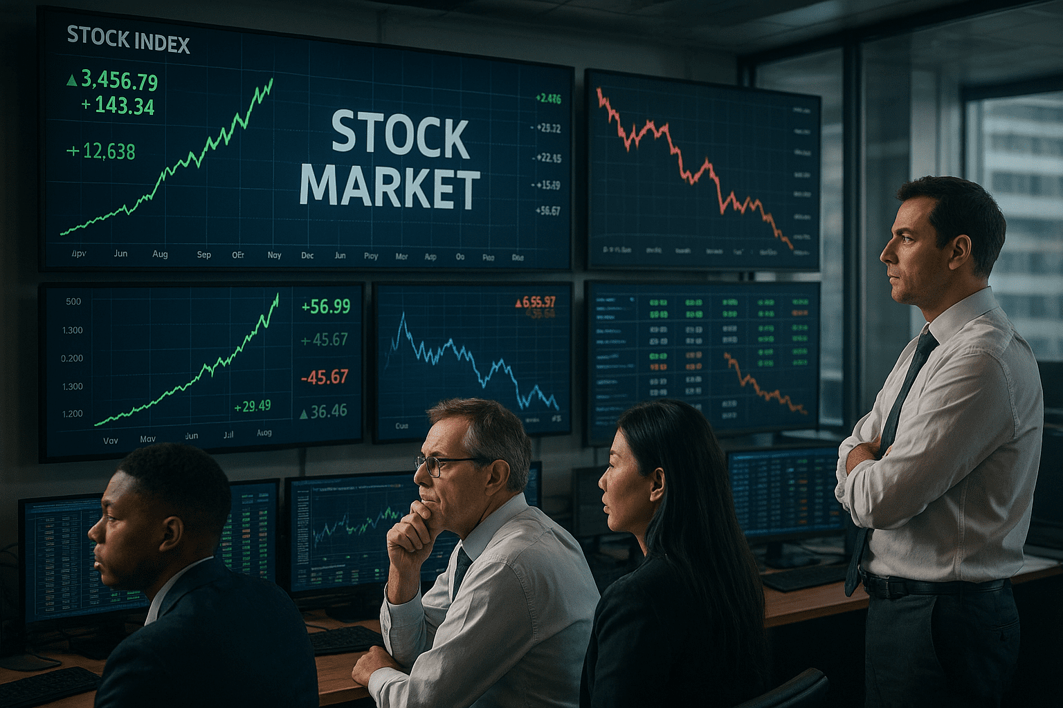 Investors watching stock market screens showing volatile trends, illustrating the risks and challenges of passive investing in modern financial markets.