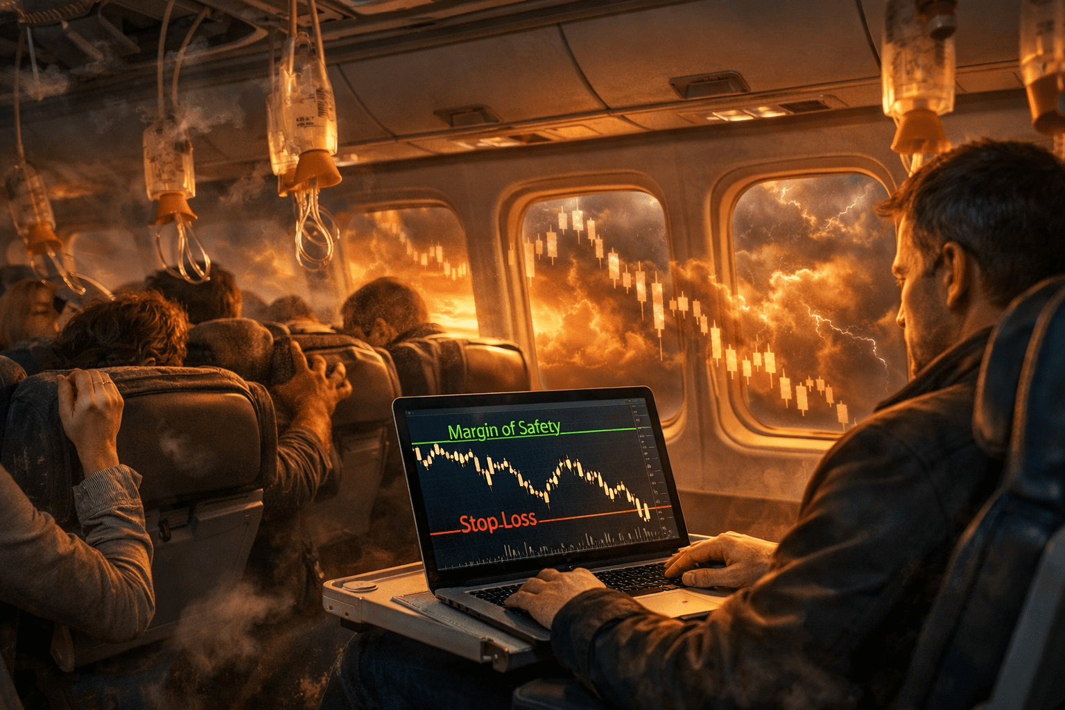 Инвеститор използва стратегии като stop-loss и марж на безопасност на лаптоп по време на самолетна турбулентност - визуална метафора за пазарната турбулентност и управлението на риска.