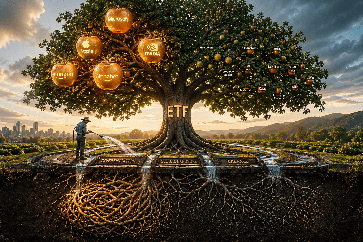 Сюрреалистично дърво, символизиращо ETF, с неравномерно разпределени плодове – големи технологични компании от едната страна и по-малки сектори от другата, докато градинар насочва водни потоци „диверсификация“, „глобална експозиция“ и „баланс“ към корените, илюстрирайки управление на риска при пасивно инвестиране.