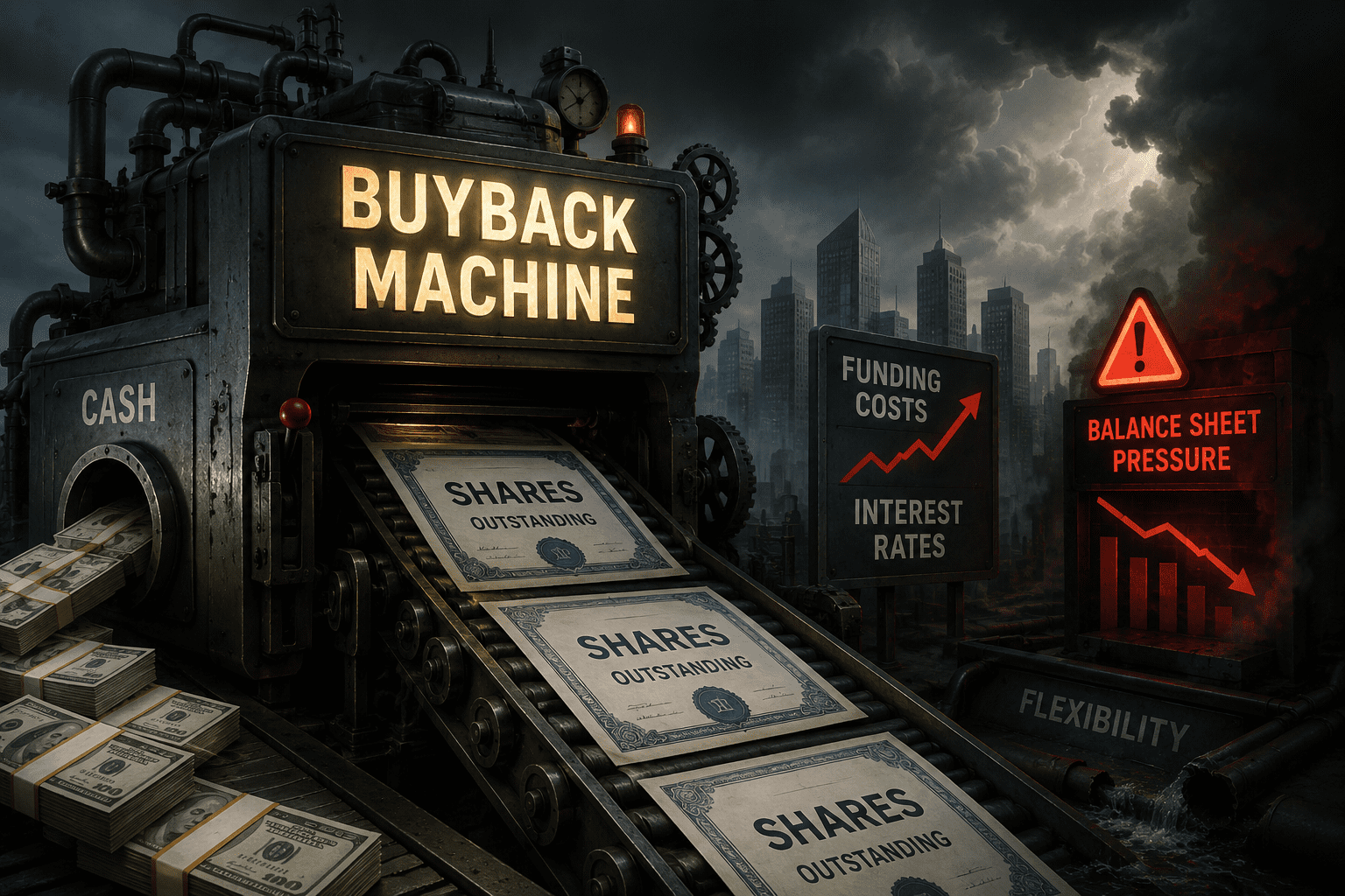 Индустриална машина с надпис „Buyback Machine“ обработва акции и пари на фона на мрачна градска среда, покачващи се лихви и предупреждения за натиск върху корпоративните баланси, символизиращи рисковете при обратното изкупуване на акции.