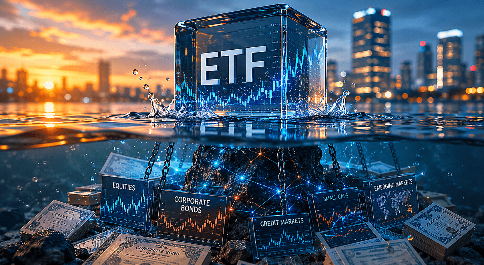 Прозрачен куб с надпис „ETF“ плава на повърхността на водата пред модерен градски силует по залез. Под водата кубът е свързан чрез вериги към различни финансови активи – корпоративни облигации, акции, кредитни пазари, малки компании и развиващи се пазари. Концептуална визуализация на ETF ликвидността, показваща как привидно лесната търговия на ETF фондовете зависи от ликвидността и стабилността на базовите активи под повърхността.