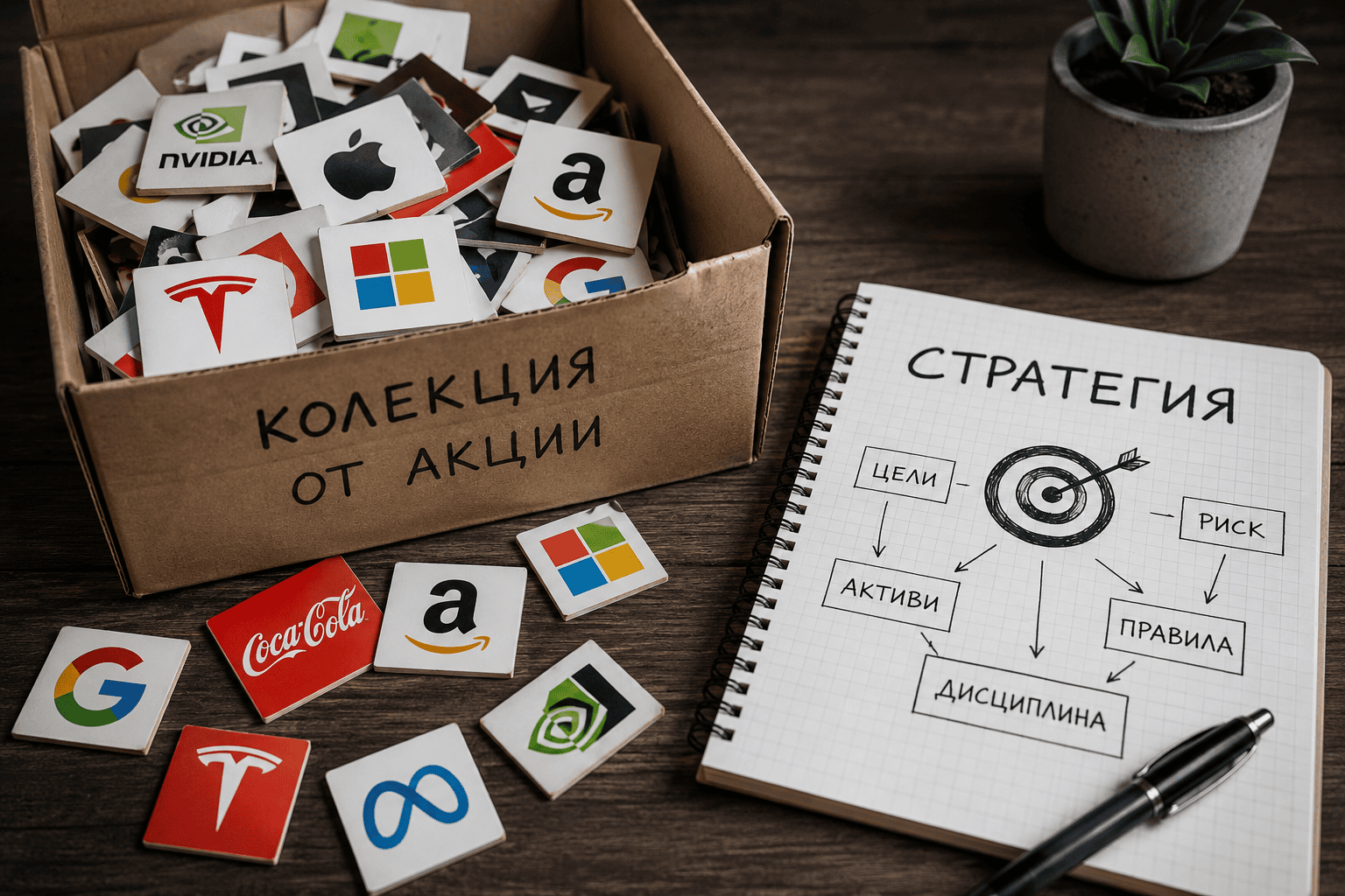 Концептуално изображение, показващо разликата между хаотичното инвестиране и истинската инвестиционна стратегия. На дървена маса има картонена кутия с надпис „Колекция от акции“, пълна с плочки с логата на известни компании като Apple, Amazon, Tesla, Nvidia и Microsoft. До нея е отворен бележник с надпис „Стратегия“, съдържащ схема с цели, риск, правила, активи и дисциплина, символизираща системния подход към инвестирането.