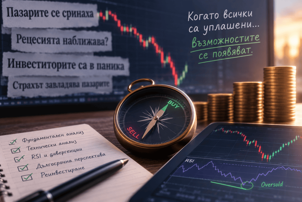 Реалистична инвестиционна сцена с падащ фондов пазар, RSI индикатор и сигнал за oversold, символизираща възможност за инвестиране по време на пазарен страх.