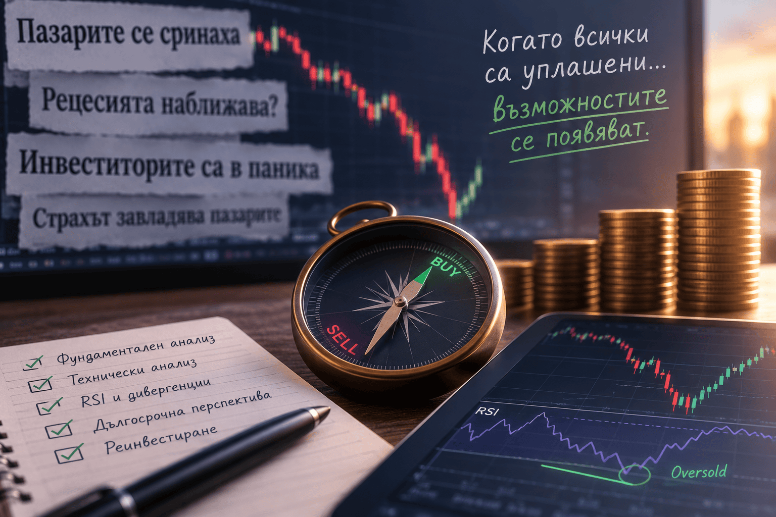 Реалистична инвестиционна сцена с падащ фондов пазар, RSI индикатор и сигнал за oversold, символизираща възможност за инвестиране по време на пазарен страх.