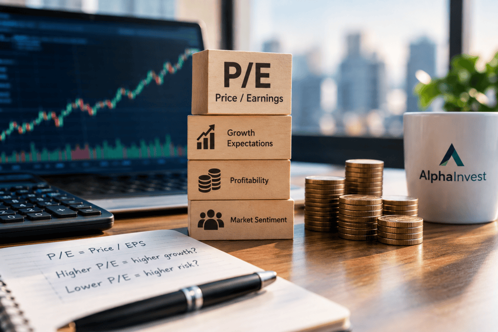 P/E коефициентът като инструмент за оценка на акции – дървени блокчета с P/E, очакван растеж и рентабилност до лаптоп с борсова графика и монети.